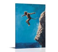 HQYXMSLL Animal Oil Painting of A Monkey Diving from A Rock Ledge Into Ocean Blue Void, Paused Mid-air. Decorative Modern Mural - Wall Art Hanging Poster 08x12inch(20x30cm)