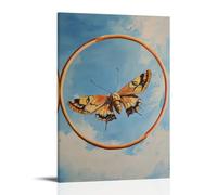 HQYXMSLL Animal Oil Painting of A Moth Flying through Hoops in Sky Circuit Under Flat Pastel Blue Decorative Modern Mural - Wall Art Hanging Poster 08x12inch(20x30cm)