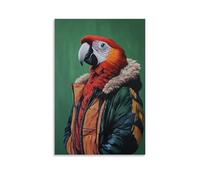 HQYXMSLL Animal Oil Painting of A Parrot in An Aviator Jacket Hang-gliding over Forests, Against A Flat Jade Green Background. Decorative Modern Mural - Wall Art Hanging Poster 08x12inch(20x30cm)