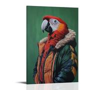 HQYXMSLL Animal Oil Painting of A Parrot in An Aviator Jacket Hang-gliding over Forests, Against A Flat Jade Green Background. Decorative Modern Mural - Wall Art Hanging Poster 16x24inch(40x60cm)