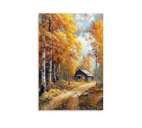 HQYXMSLL Landscape Oil Painting Poster Traditional House in Birch Forest Decorative Modern Mural - Wall Art Hanging Poster 12x18inch(30x45cm)