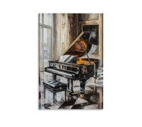 HQYXMSLL Musical Instruments Oil Painting- A Grand Piano in An Elegant Hall, Capturing Reflections on Its Polished Surface Decorative Modern Mural - Wall Art Hanging Poster 24x36inch(60x90cm)