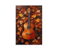 HQYXMSLL Musical Instruments Oil Painting- Classical Guitar with Rosewood Finish Surrounded by Falling Autumn Leaves Decorative Modern Mural - Wall Art Hanging Poster 16x24inch(40x60cm)