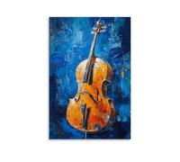 HQYXMSLL Musical Instruments Oil Painting - Serenade in Brushstrokes- Cello Solo Against A Deep Blue Backdrop Decorative Modern Mural - Wall Art Hanging Poster 16x24inch(40x60cm)