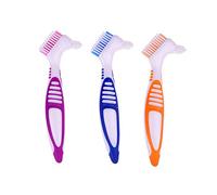 HRASY Premium Denture Cleaning Brush Set with Multi-Layered Bristles & Ergonomic Rubber Handle, Portable Denture Double Sided Brush for False Teeth Cleaning, 3 Pieces (Blue, Orange, Purple)