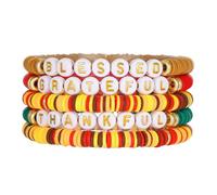 Hremhoo Thanksgiving Stackable Bracelet for Women Set Colorful Beads Rubber Ring Elastic Layering Letter Disc Maple Leaf Pendant Clay Stretch Fall Bracelets Fall Costume Bracelet Jewelry for Women