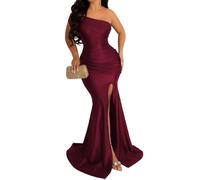 HRESSLBD Womens Off Shoulder Sexy V Neck High Split Long Maxi Ladies Dress, Formal Cocktail Christmas Party Evening Gown Mermaid Wedding Dress, Single Shoulder - Dark Red, L