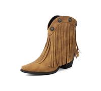 HRGKLMN Ankle Boots Women Fringed Chunky Block Heel Retro Short Boots | Faux suede upper,pointed toe,fringe decor,metal rivet,chunky heel,western style,for festival,party,daily wear