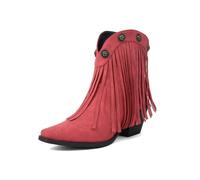 HRGKLMN Ankle Boots Women Fringed Chunky Block Heel Retro Short Boots | Faux suede upper,pointed toe,fringe decor,metal rivet,chunky heel,western style,for festival,party,daily wear