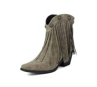 HRGKLMN Ankle Boots Women Fringed Chunky Block Heel Retro Short Boots | Faux suede upper,pointed toe,fringe decor,metal rivet,chunky heel,western style,for festival,party,daily wear
