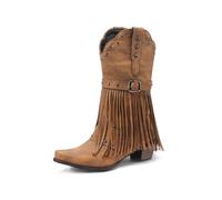 HRGKLMN Ankle Boots Women Retro Fringe Chunky Block Heel Fashion | Vintage faux suede upper,pointed toe,fringe trim,metal rivets,adjustable buckle strap,retro look,for festival,party,daily