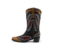 HRGKLMN Ankle Boots Women Western Mid-Calf Cowboy Color Block Embroidery | Color-block upper,square toe,zig-zag embroidery,chunky block heel,western cowboy style,for festival,party,daily outing