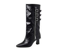 HRGKLMN Knee High Boots for Women Block Heeled Boots Multiple Buckle Straps | Smooth leather look upper,three vertical buckle straps,long side zipper,comfortable inner lining,ideal for street fashion