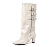HRGKLMN Knee High Boots for Women Block Heeled Boots Multiple Buckle Straps | Smooth leather look upper,three vertical buckle straps,long side zipper,comfortable inner lining,ideal for street fashion