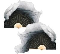 Hrippy Real Silk Veils Double Side Fan 1 Pair Belly Dance Fan Show Props White Black Gradient Veil for Women