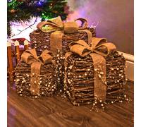 hristmas Present Set of 3 Rattan LED Parcel Box Gift Tree Decorations