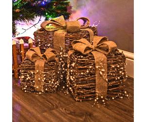 hristmas Present Set of 3 Rattan LED Parcel Box Gift Tree Decorations
