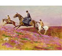 HRJUBWREE Classic Canvas Picture Art Canvas Print Modern Oil Painting Lady Currie with Her Sons Bill and Hamish Hunting on Exmoor by Cecil Charles Windsor Aldin Artwork on Wall for Home Decor 60x90cm