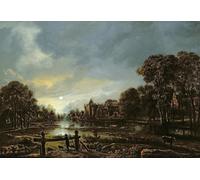 HRJUBWREE Classic Canvas Picture Art Canvas Print Modern Oil Painting Moonlit River Landscape with Cottages on the Wooded Banks by Aert Van Der Neer Artwork on Wall for Office Decor 60x90cm