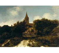 HRJUBWREE Classic Canvas Picture Art Canvas Print Modern Oil Painting Wooded Landscape with Figures Near a Church by Meindert Hobbema Artwork on Wall for Office Decor 60x90cm