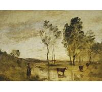 HRJUBWREE Oil Painting Prints on Canvas Painting Picture Cows on the Edge by Jean Baptiste Camille Corot Artwork Canvas Prints for Office Decor 60x90cm