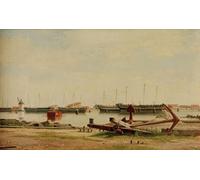 HRJUBWREE Oil Painting Prints on Canvas Painting Picture View of Nyholm with Crane and Warships by Christoffer Wilhelm Eckersberg Artwork Canvas Prints for Home Decor 60x90cm