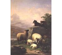 HRJUBWREE Retro Picture Art Painting Wall Poster Sheep and Lambs with Two Dogs in a River Landscape by Eugene Verboeckhoven Vintage Art Print for Home Decor 60x90cm