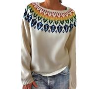 Hrjxfpt Fairisle Norwegian Jumpers Women's Knitted Isle Print Retro Sweater Casual Loose Crewneck Long Sleeve Lightweight Cropped Pullover Tops Boat Neck Tops for Women UK Festival Camping Essentials