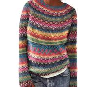 Hrjxfpt Fairisle Norwegian Jumpers Women's Knitted Isle Print Retro Sweater Casual Loose Crewneck Long Sleeve Lightweight Cropped Pullover Tops Boat Neck Tops for Women UK Festival Camping Essentials