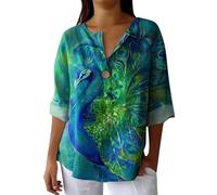 Hrjxfpt Ladies Italian Linen Tops 3/4 Sleeve Sequin Wedding Shirts Warehouse Clearance Ladies' Fashion Printed Single Button Long Sleeve Top (01-B-Blue, XL)