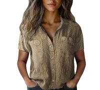 Hrjxfpt Ladies Italian Linen Tops Black Lace Office Shirts Sales Women Cotton Shirt Printed Fashion Down Daily Casual Top Short Sleeve Blouse (01-C-Khaki, S)
