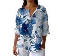 Hrjxfpt Ladies Italian Linen Tops Pink Cotton Wedding T Shirt Clearance Ladies' Fashion Printed Single Button Long Sleeve Top (01-F-Blue, XXXXXXL)