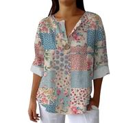 Hrjxfpt Ladies Italian Linen Tops Polo Pleated Summer Top Clearance Ladies' Fashion Printed Single Button Long Sleeve Top (01-C-Blue, L)