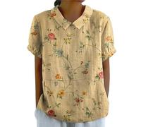 Hrjxfpt Ladies Long Linen Tops White Elegant Work Blouse 2026 Travel Women's Linen Lapel Art Floral Round Neck Gifts Pullover Top Casual Shirt T-Shirts (01-G-Yellow, S)