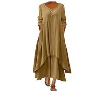 Hrjxfpt Linen Dresses for Women UK Irregular Solid Color Long Sleeve Dress Womens Casual Loose O-Neck Dresses Women's Sundresses A-Line Summer Dress Beach Essentials Prom Women's Skirts Yellow