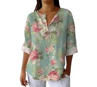 Hrjxfpt Linen Tops for Women UK Plus Size V Neck Button Spring Tops Deals Ladies' Fashion Printed Single Button Long Sleeve Top (01-C-Green, XL)