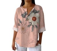 Hrjxfpt Summer Womens Cotton Linen Loose Blouse Tops Ladies T-Shirts Size 14 Hawaiian Summer Vest Tops Warehouse Clearance Ladies' Fashion Printed Single Button Long Sleeve Top (01-C-Pink, XL)