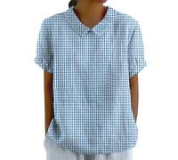 Hrjxfpt Women's Cotton Linen Tops Blue Boho Work Suits 2026 Women's Linen Lapel Art Floral Round Neck Gifts Pullover Top Casual Shirt T-Shirts (01-H-Navy, XXL)