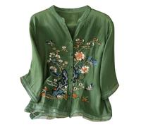 Hrjxfpt Women's Cotton Linen Tops Crop Button Down Work Tunic Tops My Orders Women's Cotton Linen Embroidered Shirt Top Boho 3/4 Sleeeve Tunic Top Elegant Blouse (01-F-Green, M)