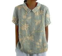 Hrjxfpt Women's Cotton Linen Tops Short Cotton Office T Shirts Warehouse Deals Clearance Women's 2025 Lapel Art Floral Round Neck Gifts Pullover Top Casual Shirt T-Shirts (01-F-Green, XL)
