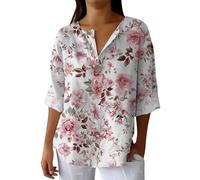 Hrjxfpt Women's Linen Summer Tops Blue Pleated Work Tshirts Deals Ladies' Fashion Printed Single Button Long Sleeve Top (01-F-Blue, XL)