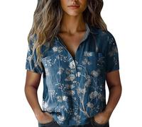 Hrjxfpt Womens Linen Tops Plain Button Down Summer Blouses Deals Women Cotton Shirt Printed Fashion Down Daily Casual Top Short Sleeve Blouse (01-I-Navy, XXL)