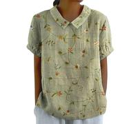 Hrjxfpt Womens Linen Tops UK Clearance Loose Sequin Work Clothes Warehouse Clearance Women's Linen Lapel Art Floral Round Neck Gifts Pullover Top Casual Shirt T-Shirts (01-J-Green, XXXL)