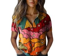 Hrjxfpt Womens Linen Tops UK Clearance Plain Pleated Wedding Clothes Deals Women Cotton Shirt Printed Fashion Down Daily Casual Top Short Sleeve Blouse (01-F-Orange, XXL)