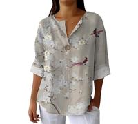 Hrjxfpt Womens Linen Tops UK Green Pleated Wedding Tunic Sale Clearance Ladies' Fashion Printed Single Button Long Sleeve Top (01-C-Grey, XXXXXXL)