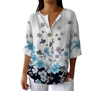 Hrjxfpt Women's Linen Tops UK Plain Hawaiian Work Clothes Deals Ladies' Fashion Printed Single Long Sleeve Top (01-D-Blue, L)