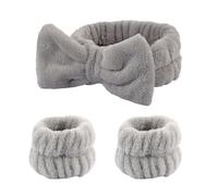 Hrlace Pack of 3 Spa Face Headband Wrist Wash Bands Set Bowknot Hair Bands Coral Fleece Elastic Headband Bracelets for Women Showers Washing Makeup Spa Yoga Sports Grey Set of 5