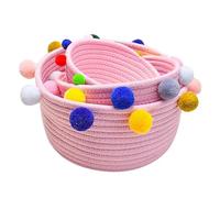 Hrlace Storage Basket Set with Pompoms 3 Pieces Woven Storage Basket Desktop Cosmetic Storage Organiser Gift Basket Empty Small Storage Box for Babies, Cosmetics, Stationery Pink