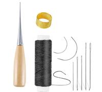 HRLORK 10 Pcs Curved Upholstery Leather Needles Hand Sewing Leather Sewing Kits with Leather Waxed Thread Cord Drilling Awl and Thimble for Leather Repair, Fabric Sewing and DIY Crafts