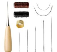 HRLORK 11 Pcs Curved Upholstery Leather Needles Hand Sewing Kit with Leather Waxed Thread Cord Drilling Awl and Thimble for Repair and DIY Crafts